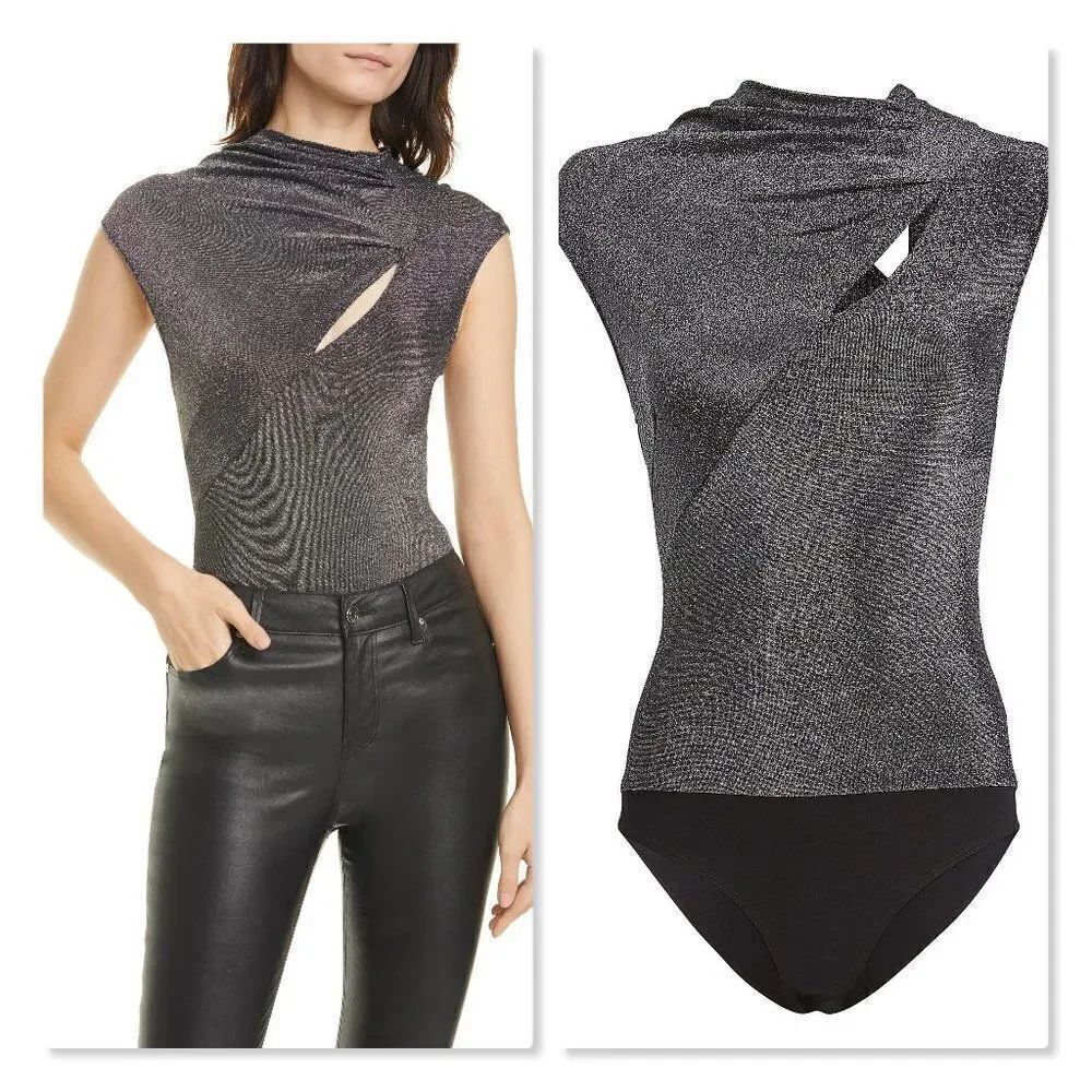 RtAΒ Kinny Metallic Funnelneck Bodysuitβsize XXS in Silver/Black-βNEW